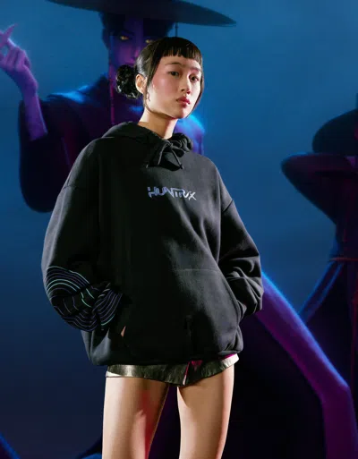 Bershka Kpop Demon Hunters Huntr/x Digital Filter Hood Sweatshirt In Black