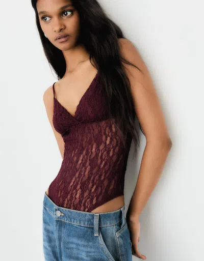 Bershka Lace Strap Bodysuit In Burgundy
