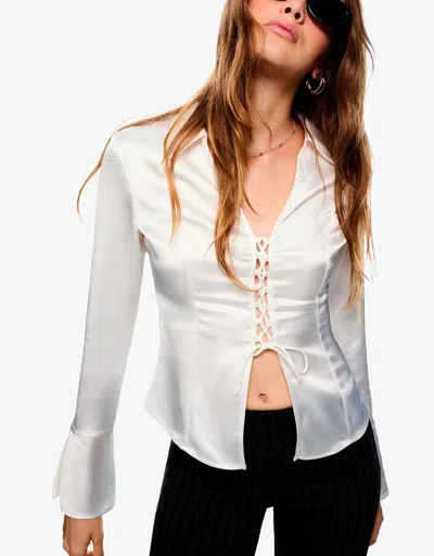 Bershka Lace-up Satin Shirt In White