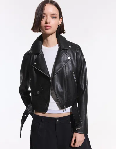 Bershka Leather Effect Biker Jacket In Black