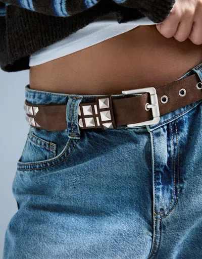 Bershka Leather Effect Studded Belt In Brown