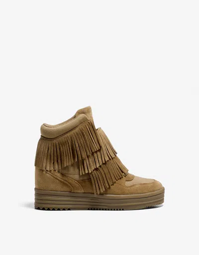 Bershka Leather Wedge High-top Sneakers With Fringing In Neutral