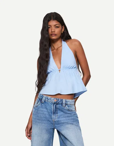 Bershka Linen Blend Halter Top In Blue