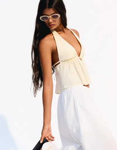 Bershka Linen Blend Halter Top In Neutral