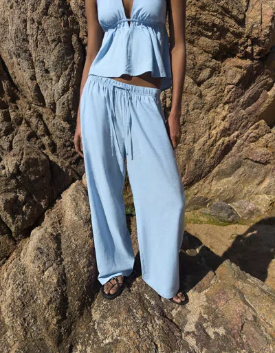 Bershka Linen Blend Pants With An Elastic Waistband In Blue