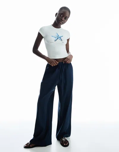 Bershka Linen Blend Pants With An Elastic Waistband In Blue