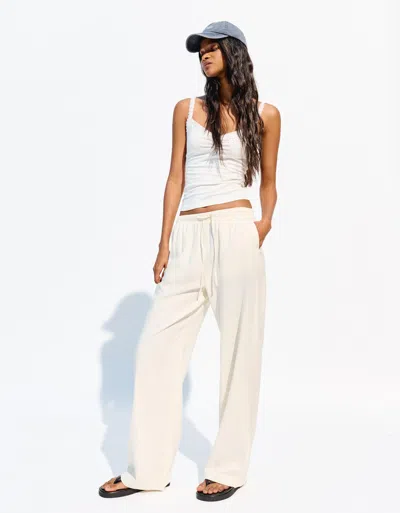 Bershka Linen Blend Pants With An Elastic Waistband In White