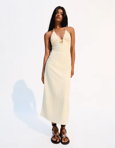 Bershka Linen Blend Tie-up Halter Midi Dress In Neutral
