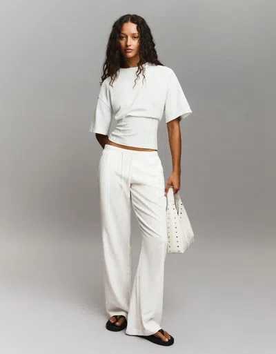 Bershka Linen Blend Trousers With An Elasticated Waistband In Gold