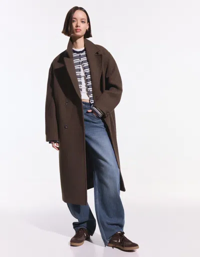Bershka Long Drop-shoulder Coat In Brown