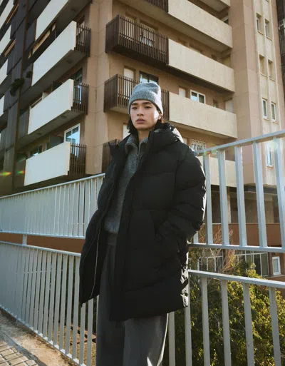 Bershka Long Quilted Coat In Black