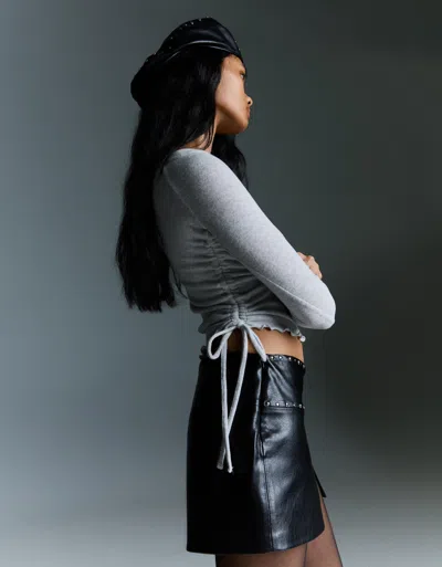 Bershka Long Sleeve Asymmetric Gathered T-shirt In Gray