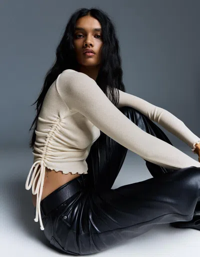 Bershka Long Sleeve Asymmetric Gathered T-shirt In Neutral