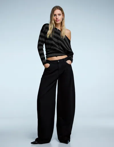 Bershka Long Sleeve Asymmetric Glitter Stripe T-shirt In Black