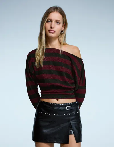 Bershka Long Sleeve Asymmetric Glitter Stripe T-shirt In Brown