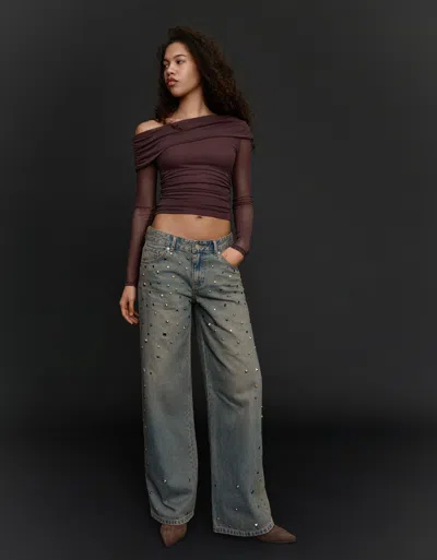 Bershka Long Sleeve Asymmetric Tulle T-shirt In Brown