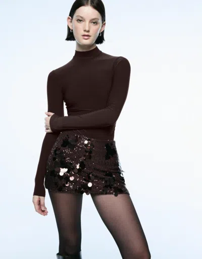 Bershka Long Sleeve High Neck Bodysuit In Brown