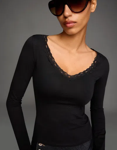 Bershka Long Sleeve Lace-trimmed T-shirt In Black