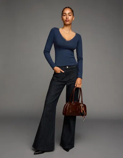 Bershka Long Sleeve Lace-trimmed T-shirt In Blue