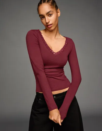 Bershka Long Sleeve Lace-trimmed T-shirt In Burgundy