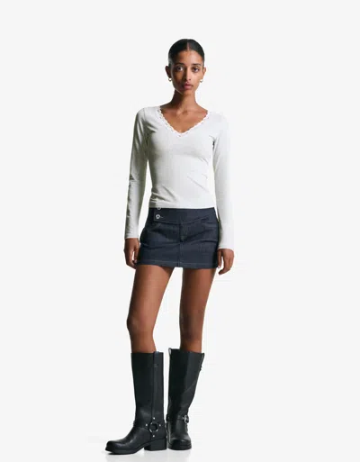 Bershka Long Sleeve Lace-trimmed T-shirt In White