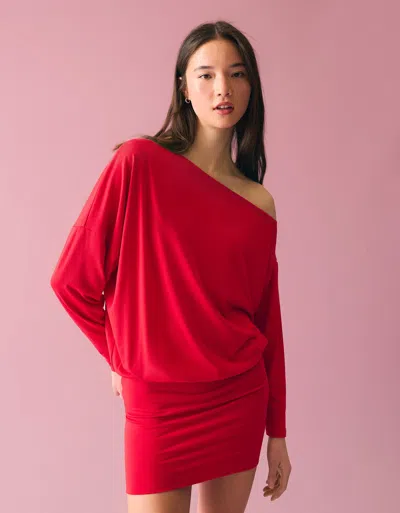 Bershka Long Sleeve Mini Dress With Fitted Skirt In Red