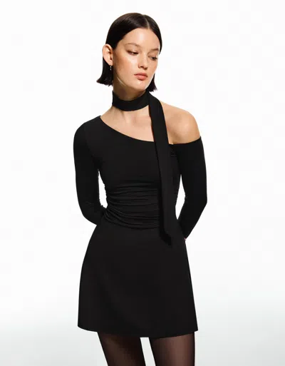 Bershka Long Sleeve Mini Dress With Scarf Detail In Black