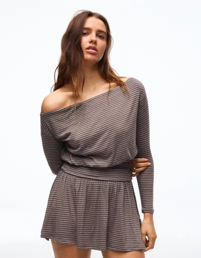 Bershka Long Sleeve Printed Mini Dress With Sash In Brown