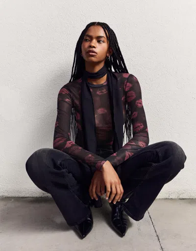 Bershka Long Sleeve Printed Tulle T-shirt In Multi