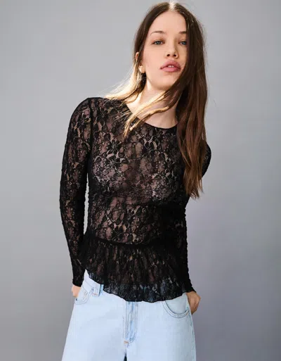 Bershka Long Sleeve Ruffled Blonde Lace T-shirt In Black