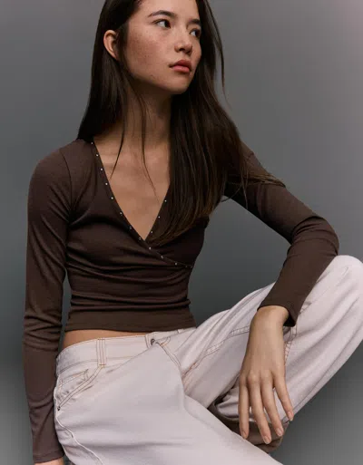 Bershka Long Sleeve Studded T-shirt In Brown