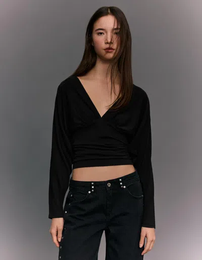 Bershka Long Sleeve T-shirt With Gathered Detail In Black