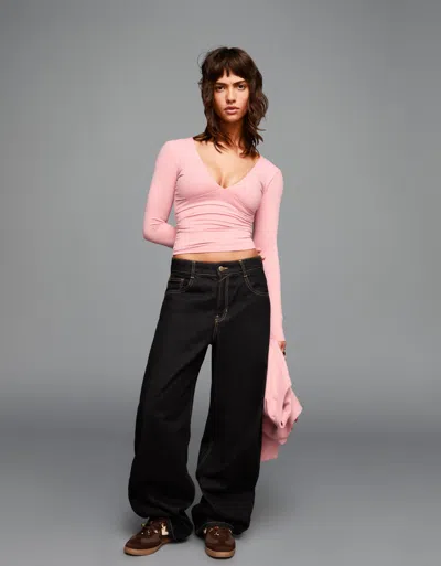 Bershka Long Sleeve T-shirt With Gathering In Pink