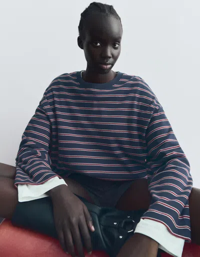 Bershka Long Sleeve T-shirt With Print In Blue