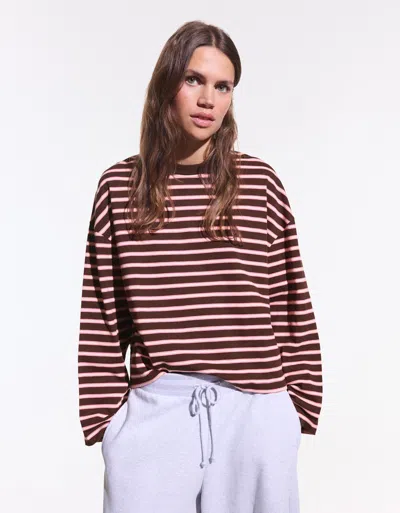 Bershka Long Sleeve T-shirt With Print In Brown