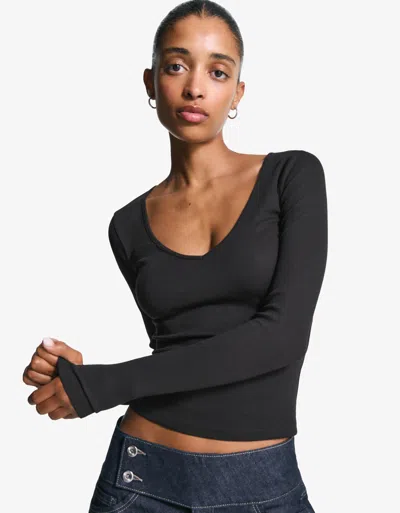 Bershka Long Sleeve V-neck T-shirt In Black