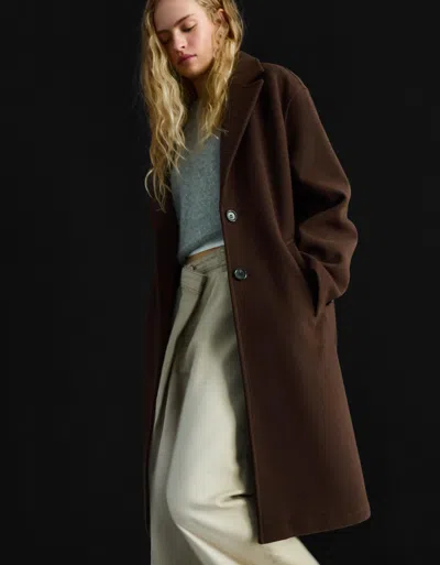Bershka Long Soft Touch Coat In Brown