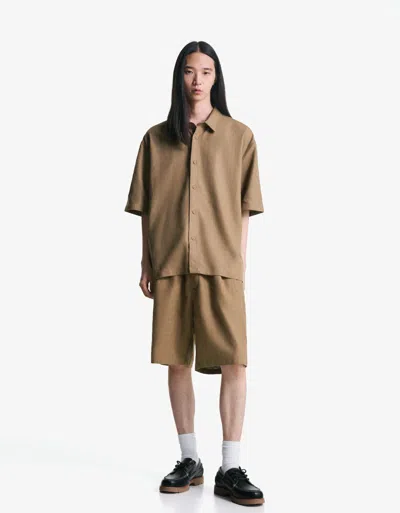 Bershka Loose Fit Linen Blend Jogger Bermuda Shorts In Brown