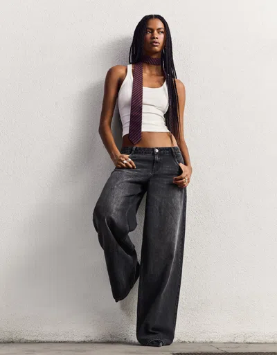 Bershka Low-rise Wide-leg Jeans In Black