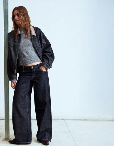 Bershka Low-rise Wide-leg Jeans In Blue