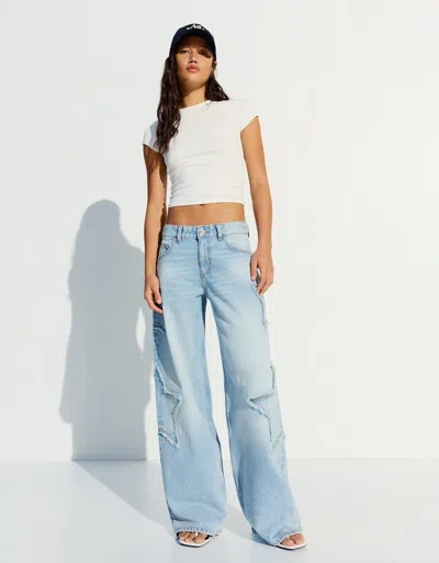 Bershka Low-rise Boyfriend Jeans With Stars In Blue