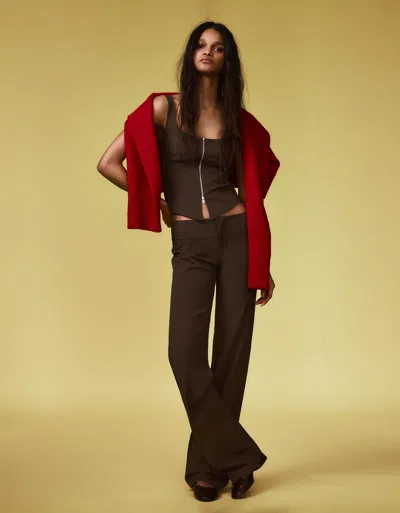 Bershka Low-rise Cummerbund Trousers In Brown