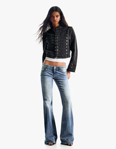 Bershka Low-rise Embroidered Flared Jeans In Blue