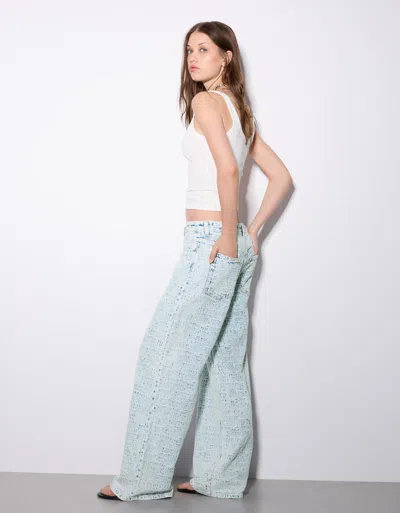 Bershka Low-rise Textured Jacquard Boyfriend Jeans In Blue