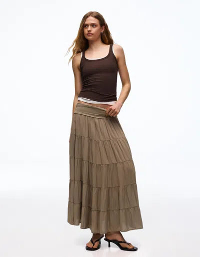 Bershka Midi Skirt With Fold-over Waist In Brown