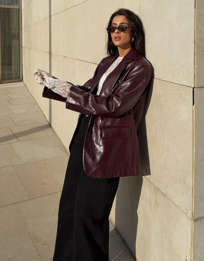Bershka Oversize Faux Leather Blazer In Burgundy