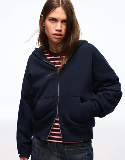 Bershka Oversize Hooded Sweatshirt With Zipper In Blue