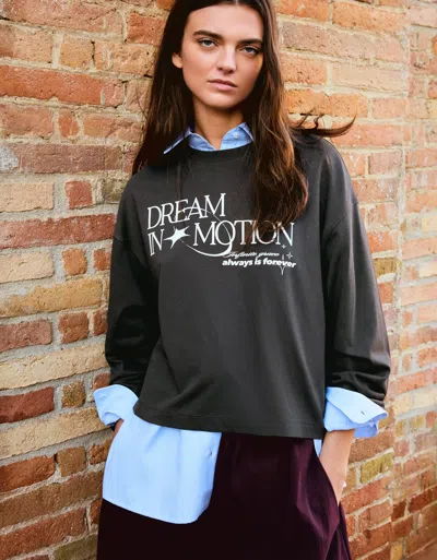 Bershka Oversize Long Sleeve Print T-shirt In Gray