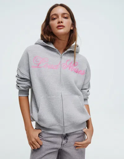 Bershka Oversize Printed Zip-up Hoodie In Gray