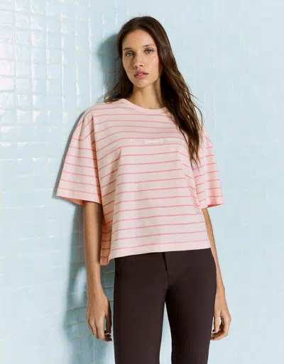 Bershka Oversize Short Sleeve Printed T-shirt In Pink
